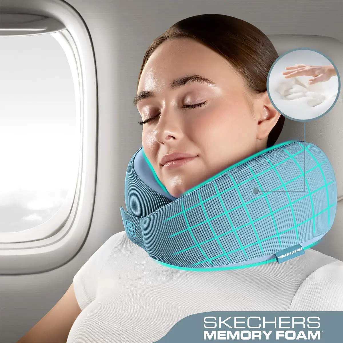 Skechers Memory Foam Neck Pillow Light Blue | Ergonomic Design for Travel, Car, Home & Office Use - view 2