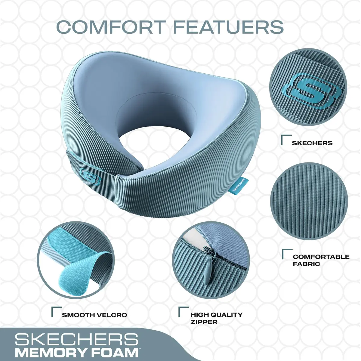 Skechers Memory Foam Neck Pillow Light Blue | Ergonomic Design for Travel, Car, Home & Office Use - view 3