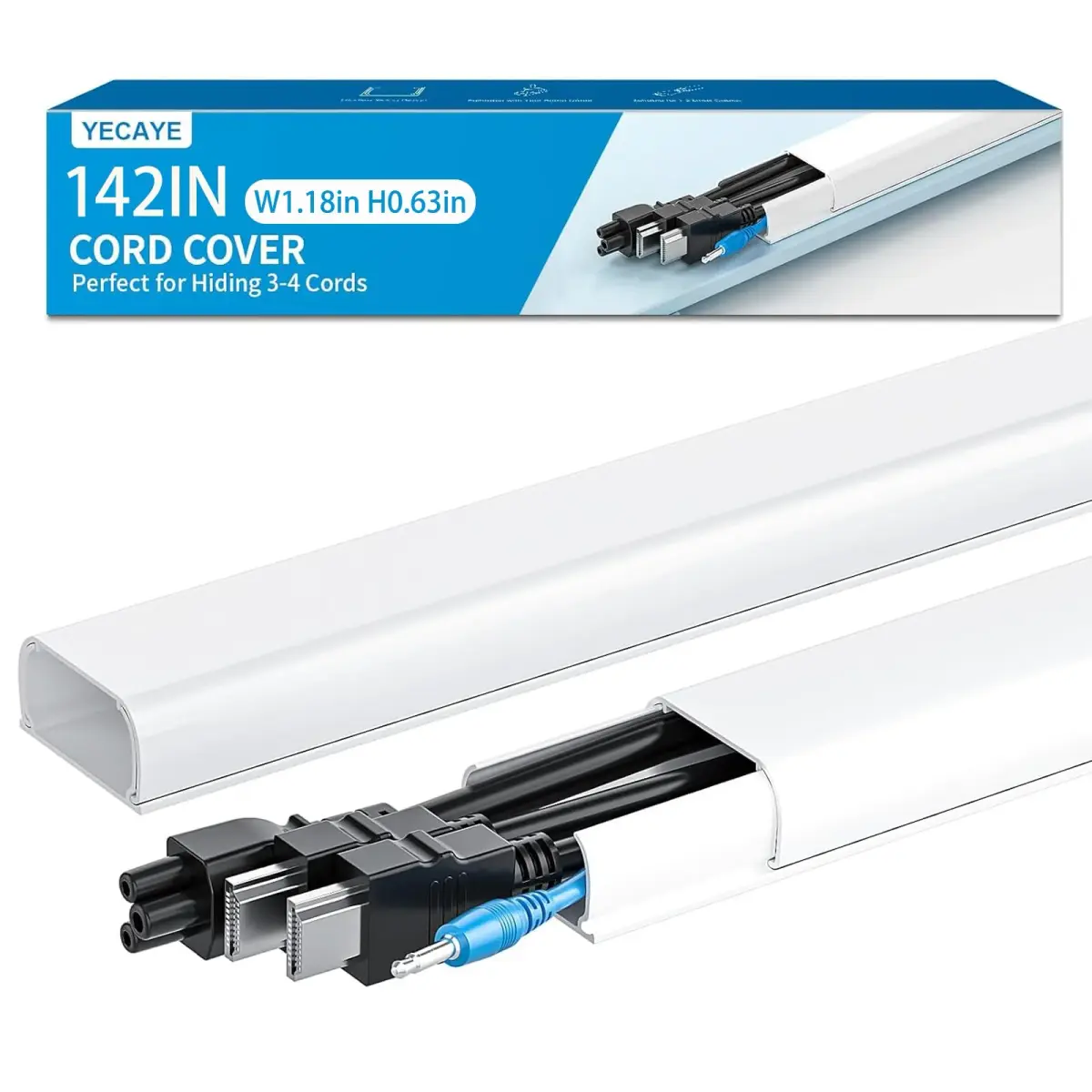Yecaye White Cord Management Cover 360.68cm (142in) | Conceals 3-4 Cables for Home Office - main product image
