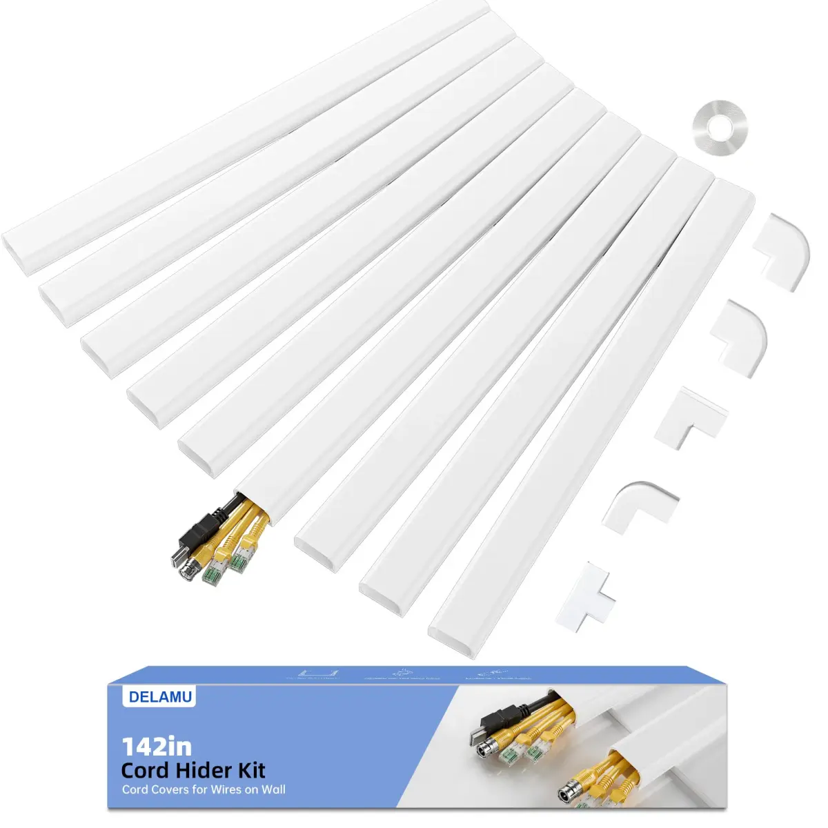 Delamu Large 142in White Cable Raceway Kit | Accommodates 3-4 Cables, Paintable & Cuttable for Wall Mounting - main product image