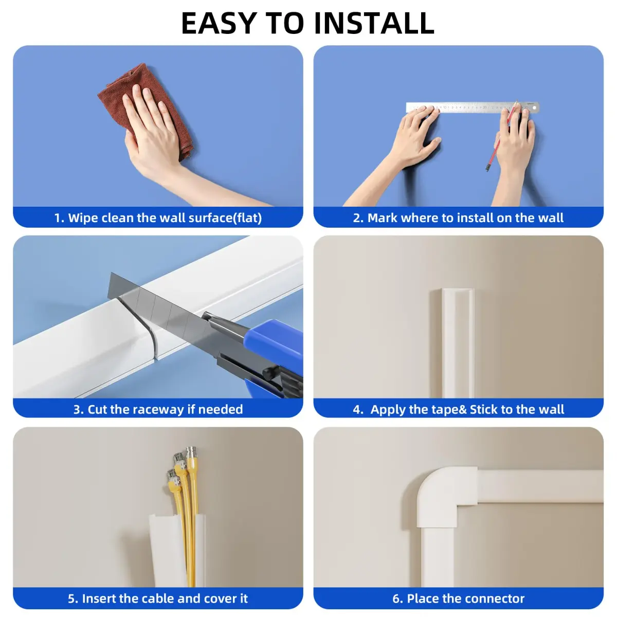 Delamu Large 142in White Cable Raceway Kit | Accommodates 3-4 Cables, Paintable & Cuttable for Wall Mounting - view 8