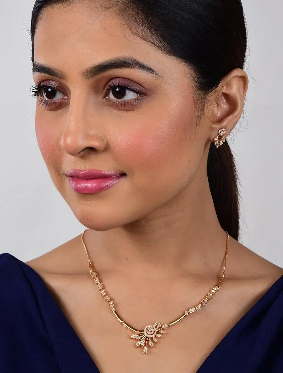 Nilu's Collection Jewelry Set Rose Gold/Silver Plated | American Diamond Stones | Anti Tarnish | Perfect for Weddings & Occasions (Large) - view 3