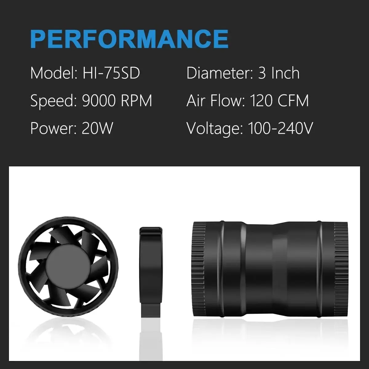 Hon&Guan 3 Inch Inline Duct Fan 120 CFM 20W | Low Noise Ventilation for Grow Rooms & HVAC - view 3