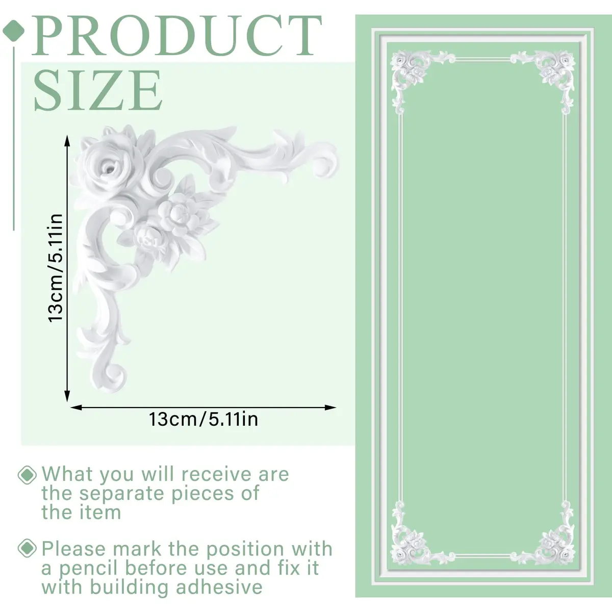 Pangda French Style Rose Corner Wall Molding Panels 13cm (5.12 inches) | Decorative PU Trim for Cabinets & Frames - view 2