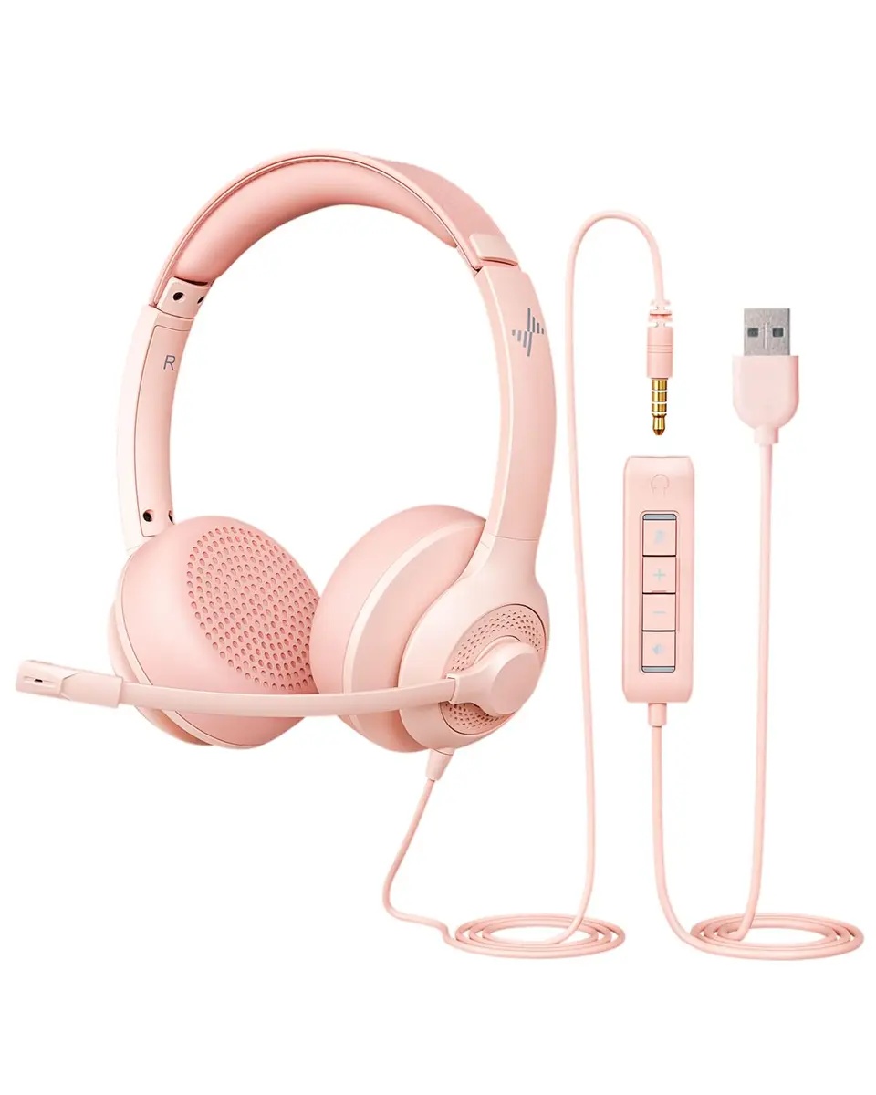 JIAMQISHI USB Headset with Microphone for PC, On-Ear Headphones, Noise Cancelling Mic, Pink | All-Day Comfort & Clear Sound - main product image
