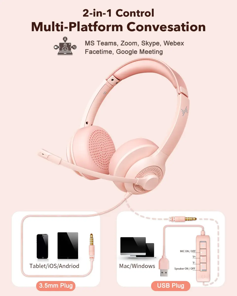 JIAMQISHI USB Headset with Microphone for PC, On-Ear Headphones, Noise Cancelling Mic, Pink | All-Day Comfort & Clear Sound - view 5