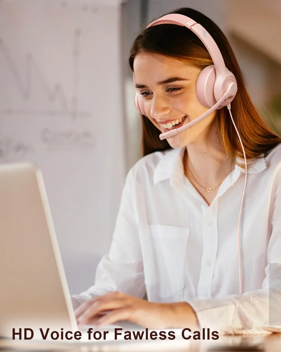 JIAMQISHI USB Headset with Microphone for PC, On-Ear Headphones, Noise Cancelling Mic, Pink | All-Day Comfort & Clear Sound - view 6
