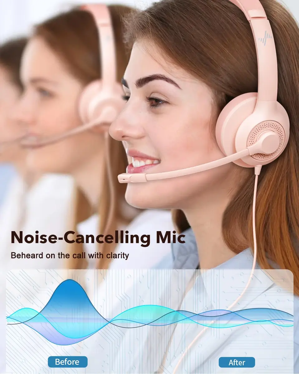 JIAMQISHI USB Headset with Microphone for PC, On-Ear Headphones, Noise Cancelling Mic, Pink | All-Day Comfort & Clear Sound - view 2