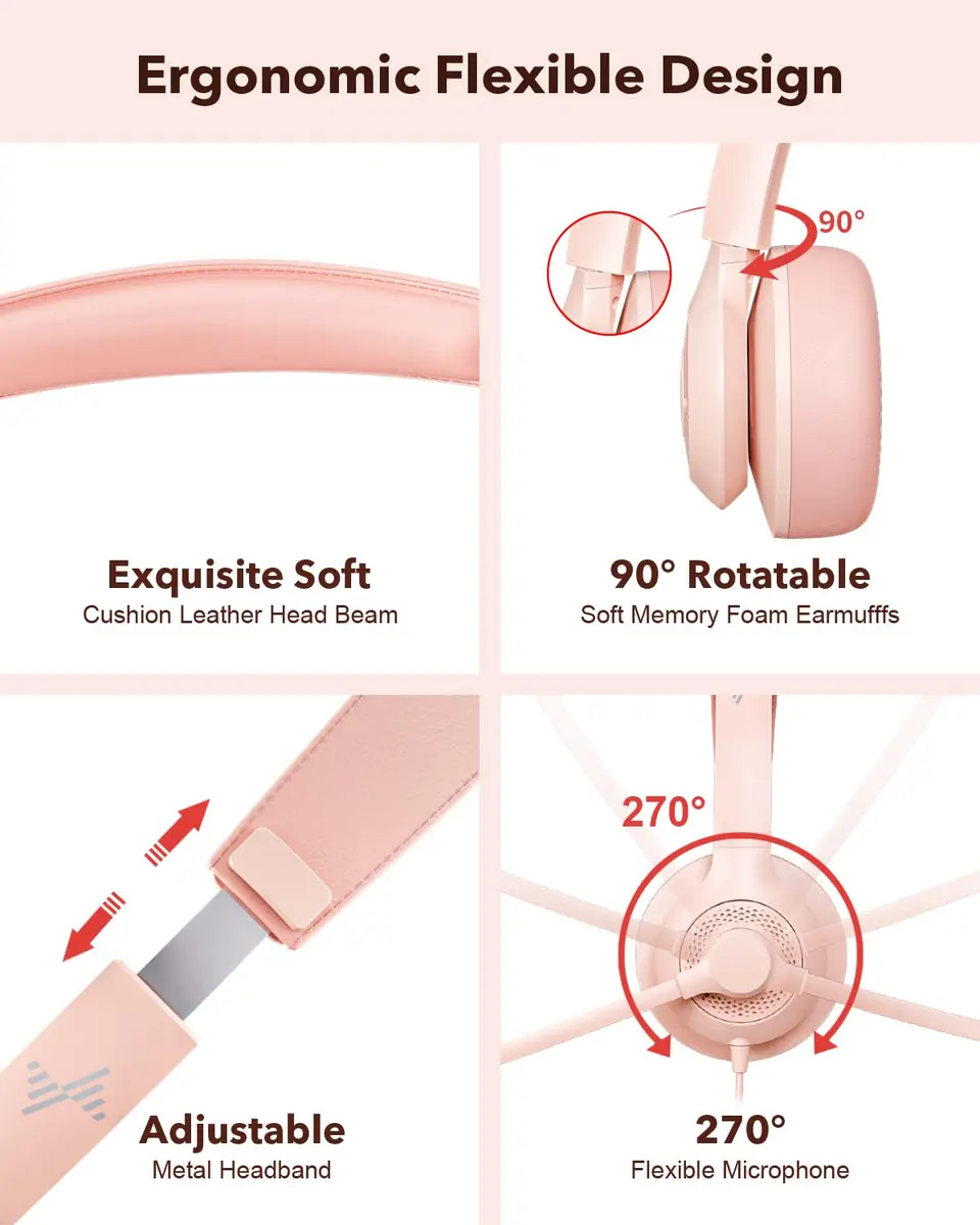 JIAMQISHI USB Headset with Microphone for PC, On-Ear Headphones, Noise Cancelling Mic, Pink | All-Day Comfort & Clear Sound - view 4