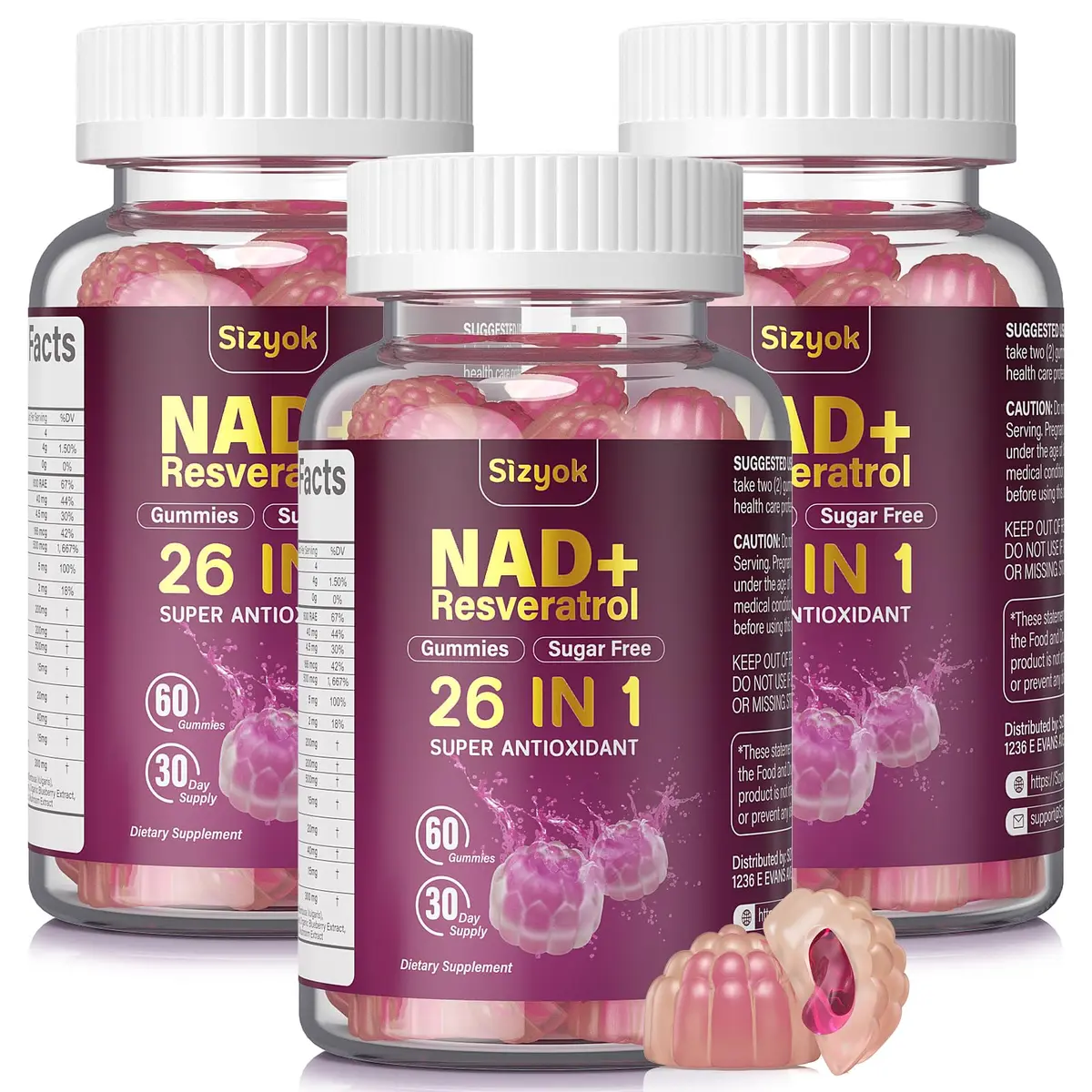 Sizyok NAD Resveratrol Gummies 60 Count | Sugar-Free Collagen & Antioxidant Support for Women - main product image