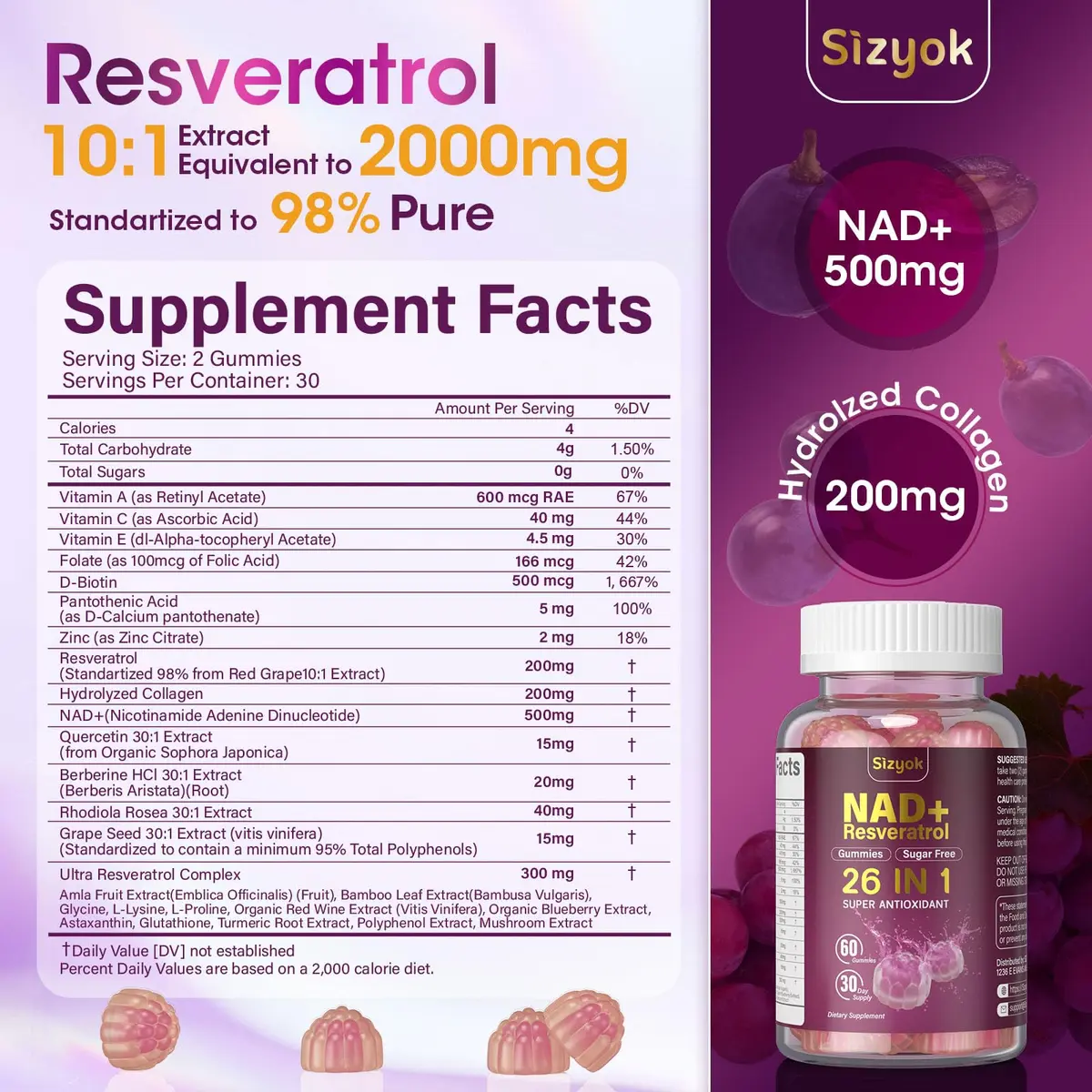 Sizyok NAD Resveratrol Gummies 60 Count | Sugar-Free Collagen & Antioxidant Support for Women - view 2