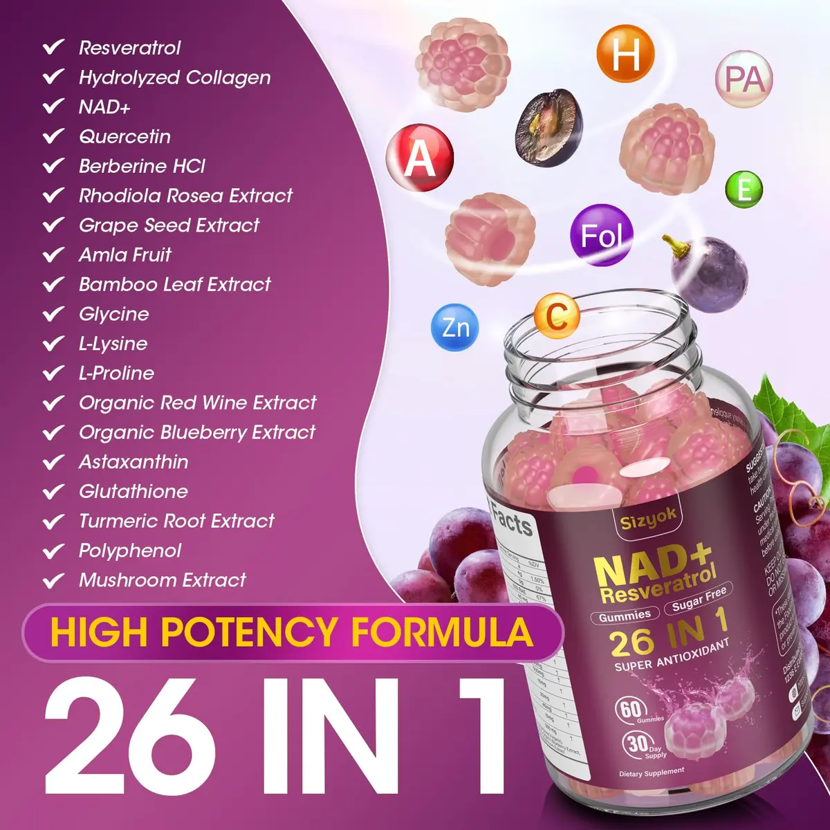 Sizyok NAD Resveratrol Gummies 60 Count | Sugar-Free Collagen & Antioxidant Support for Women - view 3