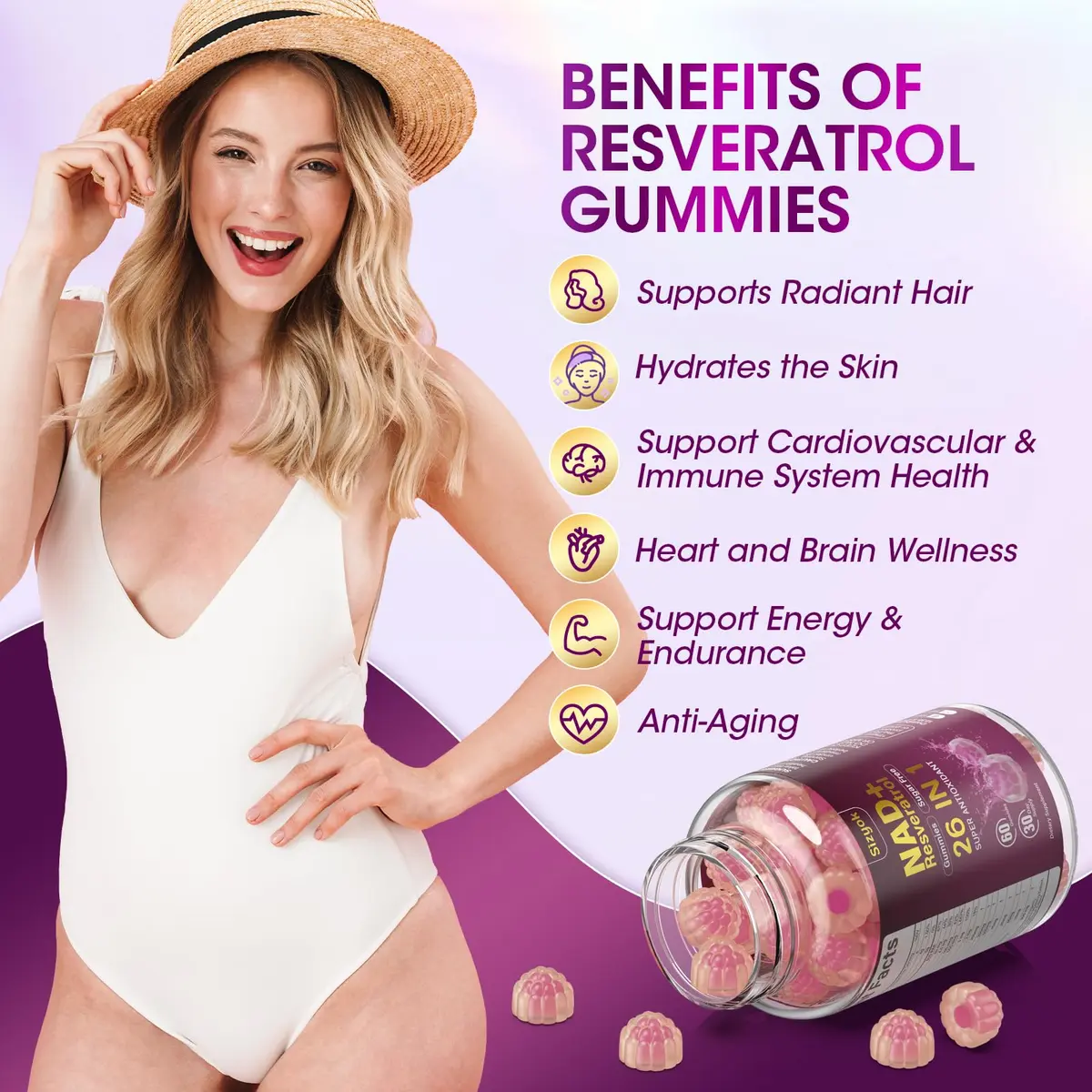 Sizyok NAD Resveratrol Gummies 60 Count | Sugar-Free Collagen & Antioxidant Support for Women - view 4