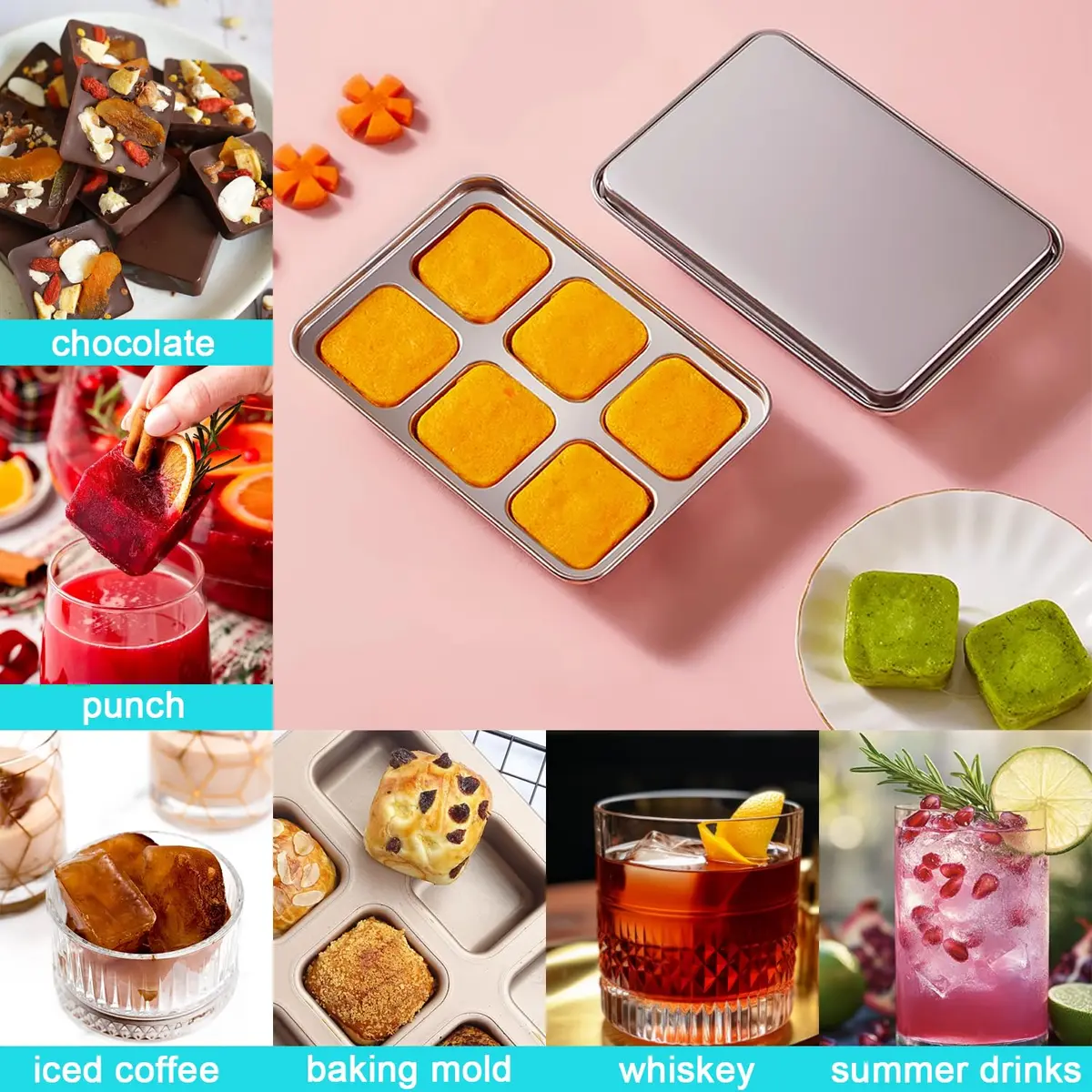 GLENDAVENY Stainless Steel Ice Cube Tray with Lid, 2 Pack 12 Large Cubes, 7.3in x 4.9in x 1.4in (18.5cm x 12.4cm x 3.6cm) | Fast Freezing Metal Ice Mold for Cocktails - view 5
