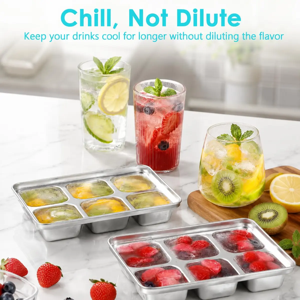 GLENDAVENY Stainless Steel Ice Cube Tray with Lid, 2 Pack 12 Large Cubes, 7.3in x 4.9in x 1.4in (18.5cm x 12.4cm x 3.6cm) | Fast Freezing Metal Ice Mold for Cocktails - view 8