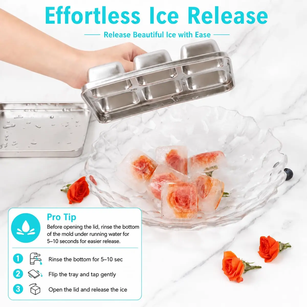 GLENDAVENY Stainless Steel Ice Cube Tray with Lid, 2 Pack 12 Large Cubes, 7.3in x 4.9in x 1.4in (18.5cm x 12.4cm x 3.6cm) | Fast Freezing Metal Ice Mold for Cocktails - view 9