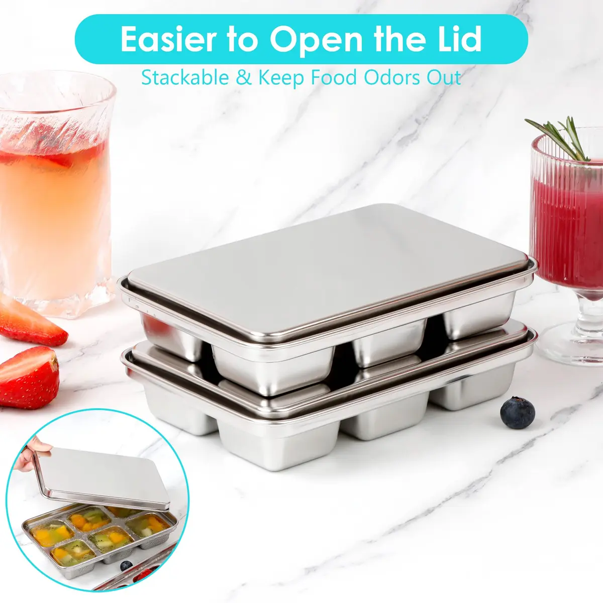 GLENDAVENY Stainless Steel Ice Cube Tray with Lid, 2 Pack 12 Large Cubes, 7.3in x 4.9in x 1.4in (18.5cm x 12.4cm x 3.6cm) | Fast Freezing Metal Ice Mold for Cocktails - view 10