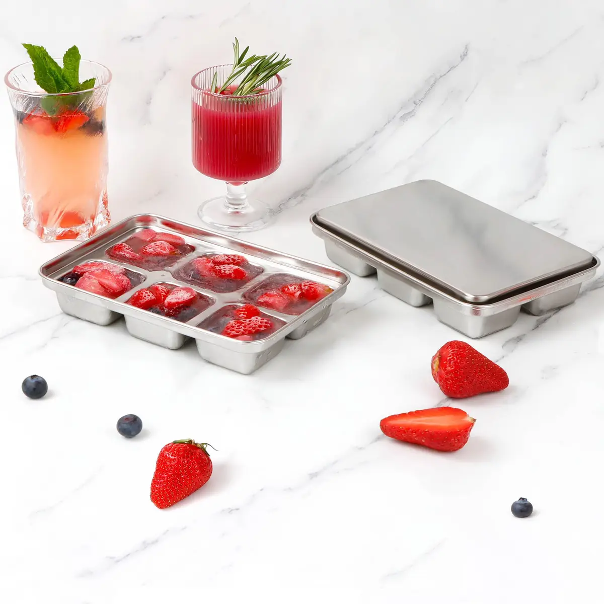 GLENDAVENY Stainless Steel Ice Cube Tray with Lid, 2 Pack 12 Large Cubes, 7.3in x 4.9in x 1.4in (18.5cm x 12.4cm x 3.6cm) | Fast Freezing Metal Ice Mold for Cocktails - view 2