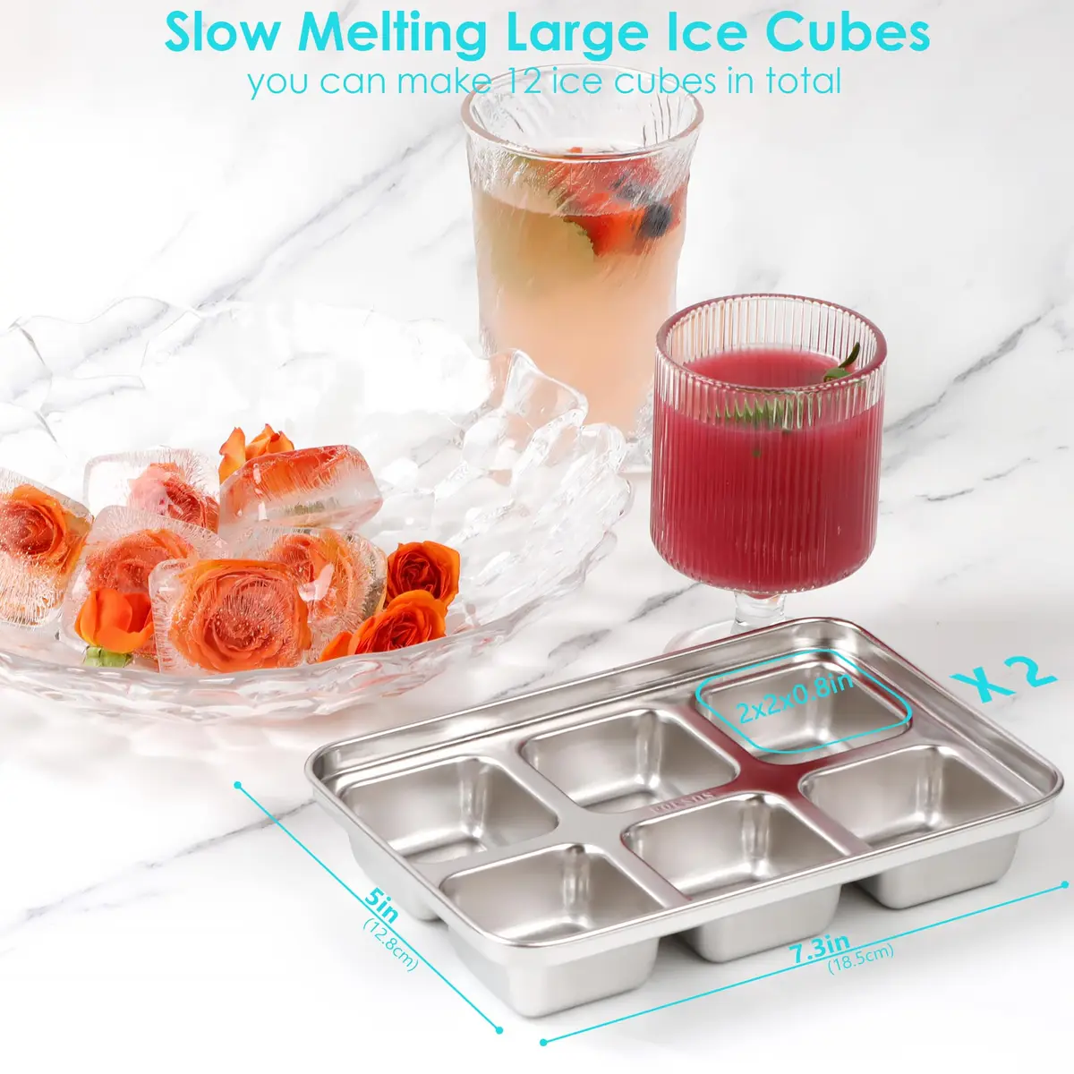 GLENDAVENY Stainless Steel Ice Cube Tray with Lid, 2 Pack 12 Large Cubes, 7.3in x 4.9in x 1.4in (18.5cm x 12.4cm x 3.6cm) | Fast Freezing Metal Ice Mold for Cocktails - view 3