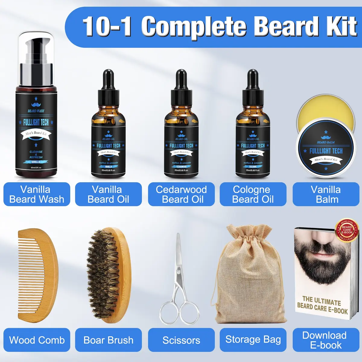 FULLLIGHT TECH Beard Grooming Kit 5 Fl Oz | Nourishing Beard Oil & Vanilla Wash for Men - view 8