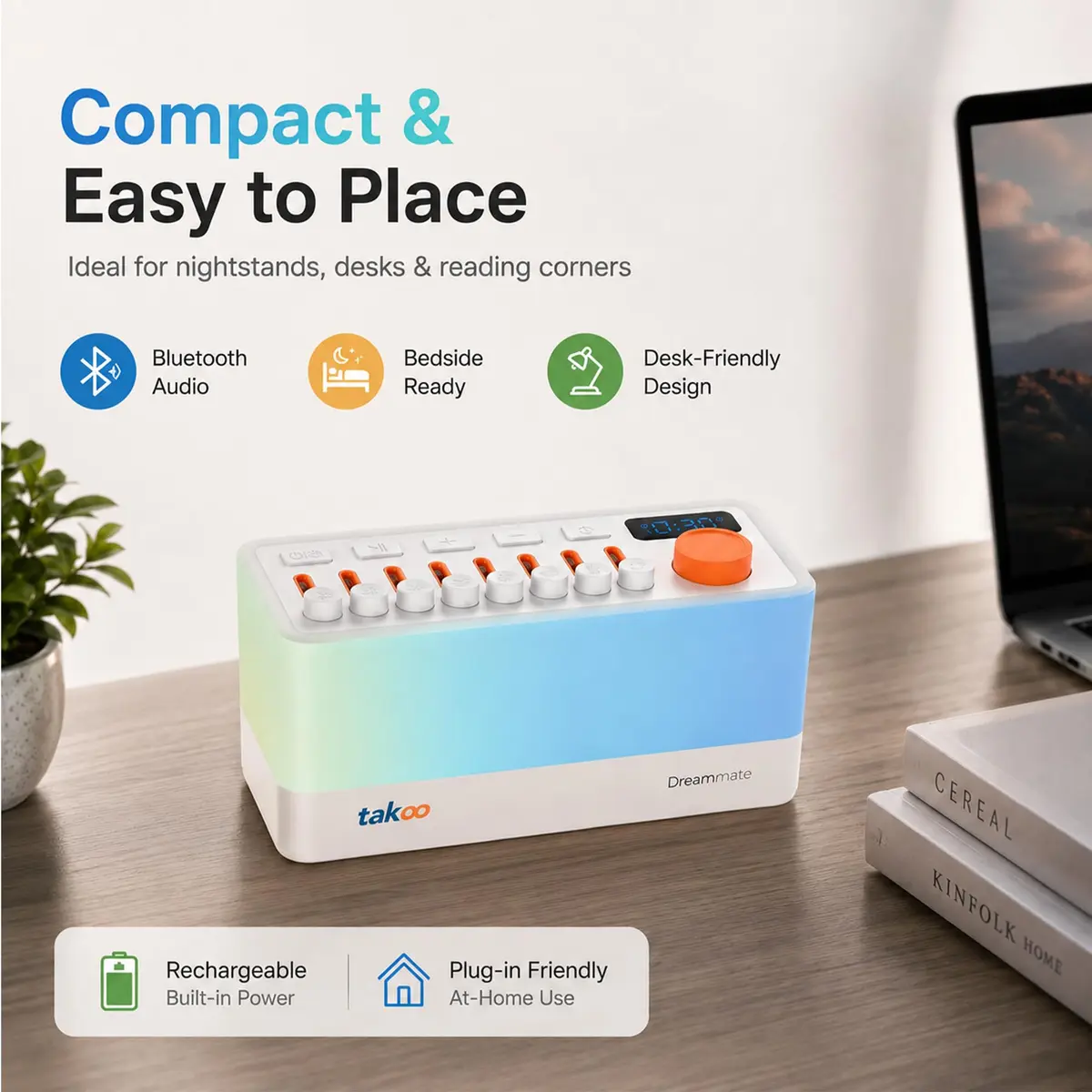TAKOO 3-in-1 Sleep Sound Machine & Bluetooth Speaker with 12-Color Night Light, 485g (0.485kg) - view 2