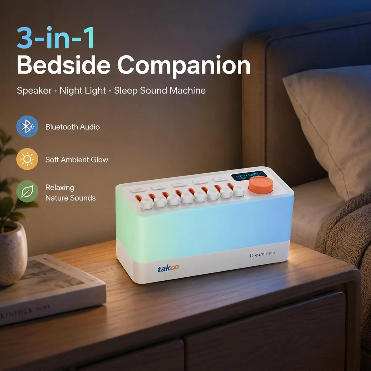 TAKOO 3-in-1 Sleep Sound Machine & Bluetooth Speaker with 12-Color Night Light, 485g (0.485kg) - view 3