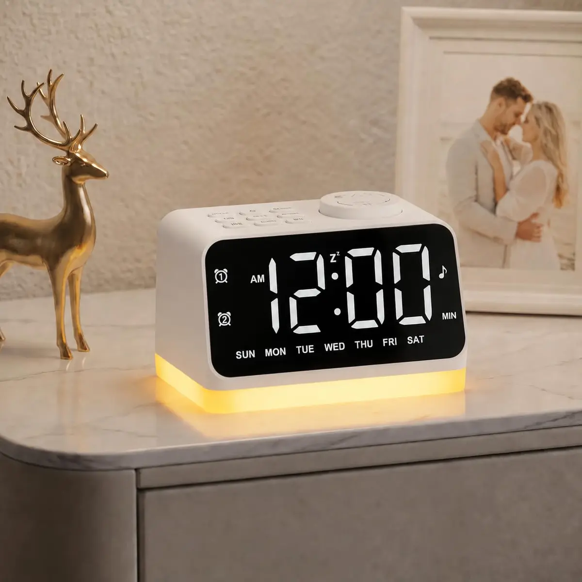 JALL Digital Alarm Clock with FM Radio, 8 Colors Night Light, Dual Alarm, Timer, USB Charging, Large Display (White with White Font) - main product image
