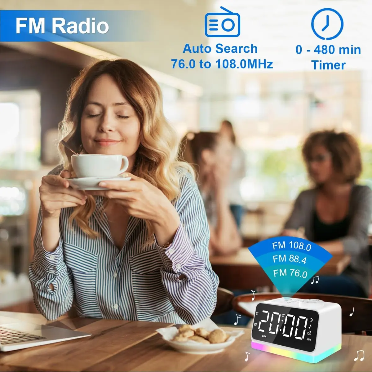 JALL Digital Alarm Clock with FM Radio, 8 Colors Night Light, Dual Alarm, Timer, USB Charging, Large Display (White with White Font) - view 6