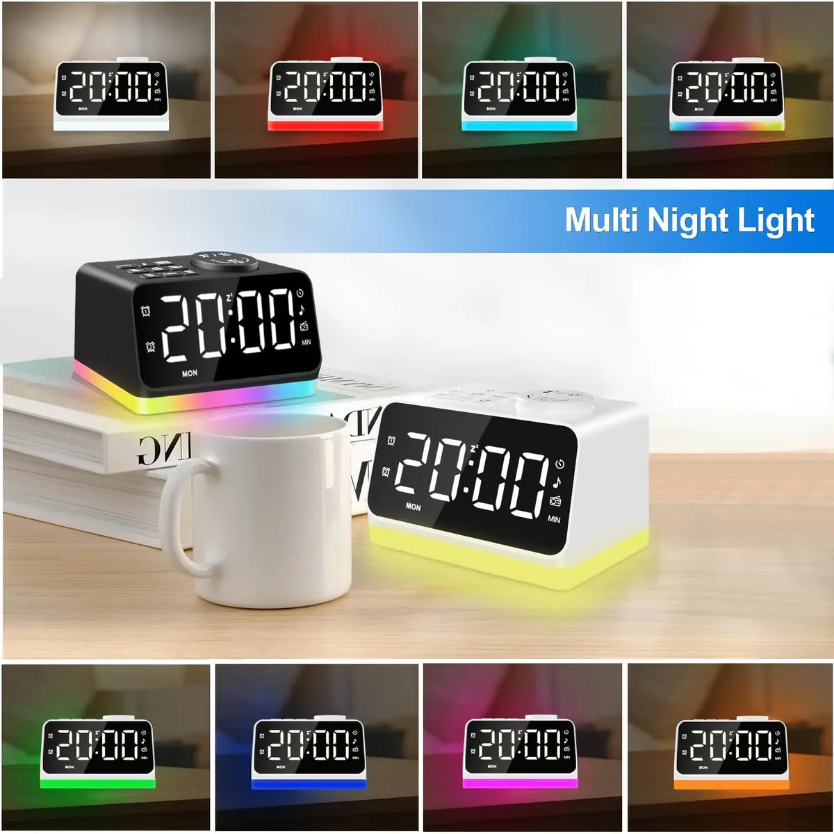JALL Digital Alarm Clock with FM Radio, 8 Colors Night Light, Dual Alarm, Timer, USB Charging, Large Display (White with White Font) - view 7