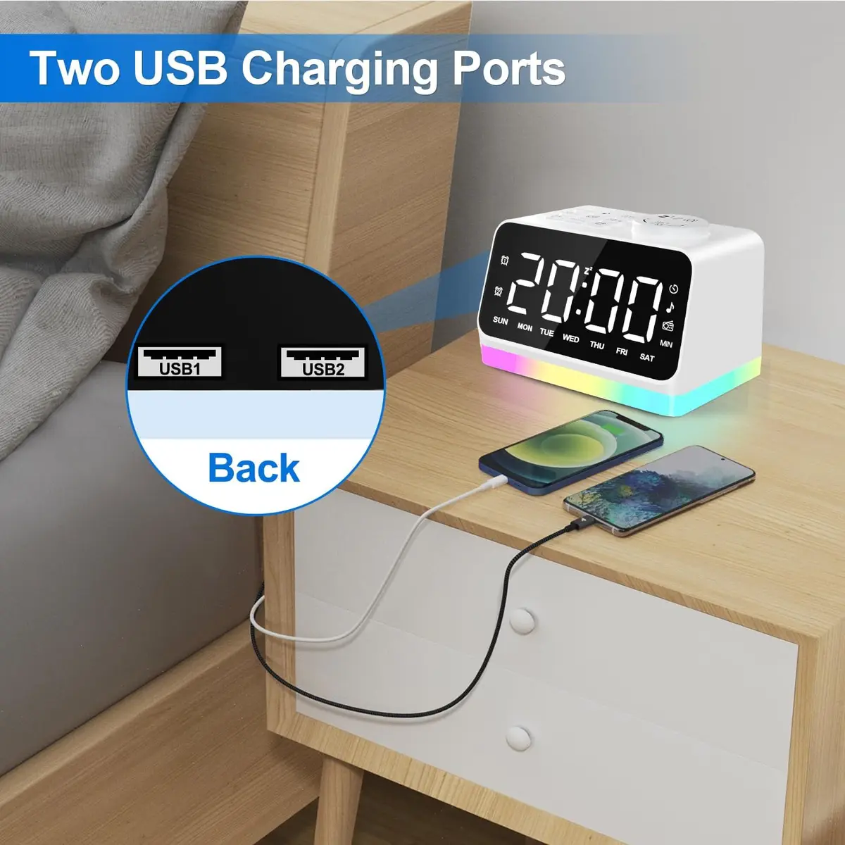 JALL Digital Alarm Clock with FM Radio, 8 Colors Night Light, Dual Alarm, Timer, USB Charging, Large Display (White with White Font) - view 8