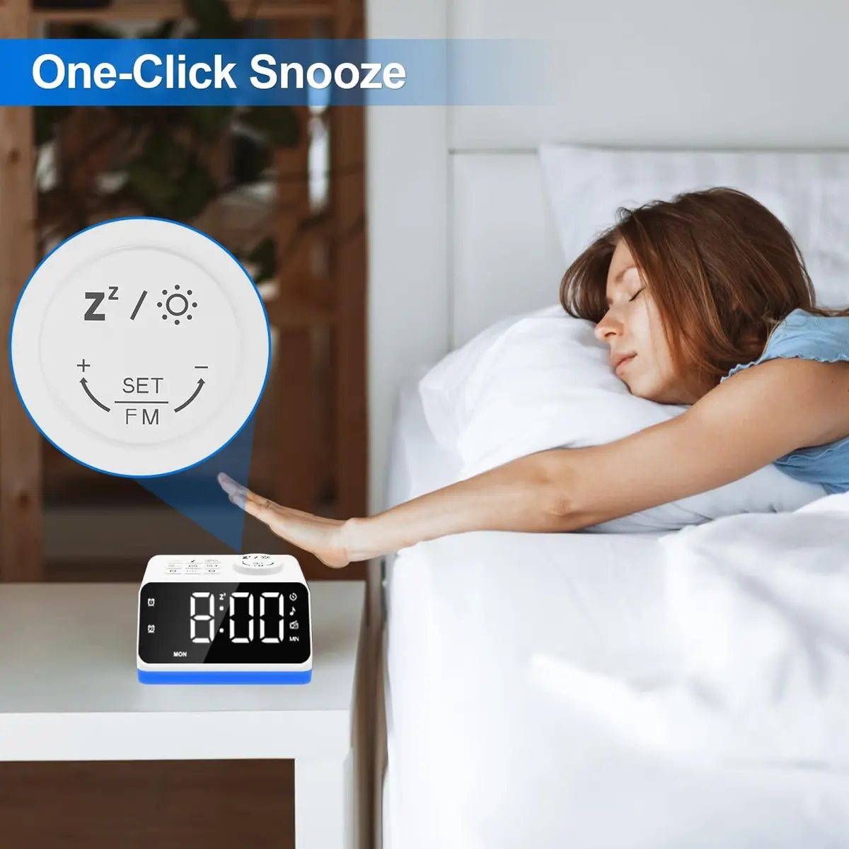 JALL Digital Alarm Clock with FM Radio, 8 Colors Night Light, Dual Alarm, Timer, USB Charging, Large Display (White with White Font) - view 3
