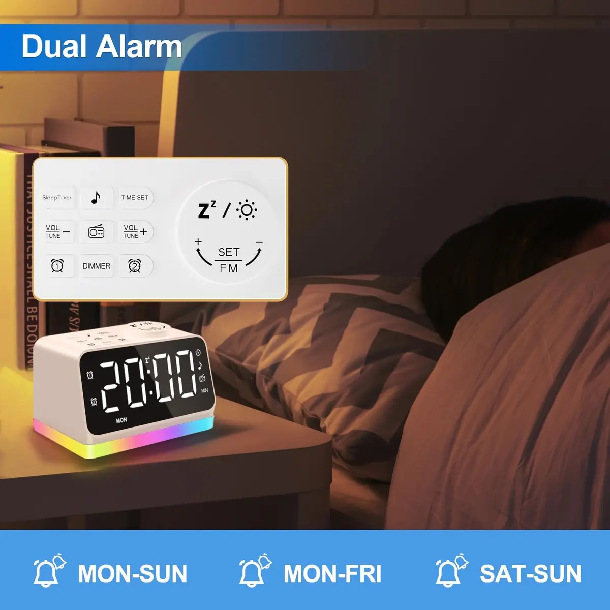 JALL Digital Alarm Clock with FM Radio, 8 Colors Night Light, Dual Alarm, Timer, USB Charging, Large Display (White with White Font) - view 4