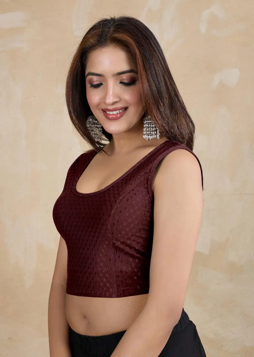 TRENDMALLS Women's Dobby Cotton Stretchable Sleeveless Saree Blouse XL Wine | Breathable Fabric for Indian Climate - view 6