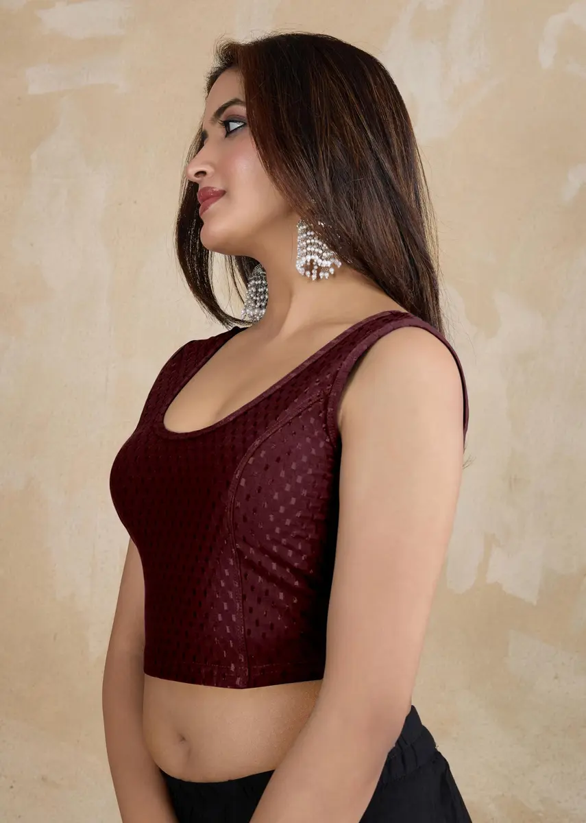 TRENDMALLS Women's Dobby Cotton Stretchable Sleeveless Saree Blouse XL Wine | Breathable Fabric for Indian Climate - view 7