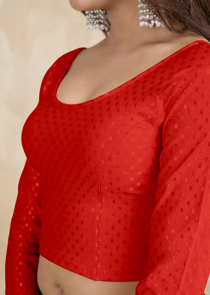 TRENDMALLS Dobby Cotton Stretchable Saree Blouse Red Medium | Breathable Fabric for Indian Climate - view 5