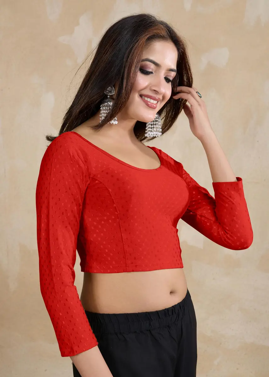 TRENDMALLS Dobby Cotton Stretchable Saree Blouse Red Medium | Breathable Fabric for Indian Climate - view 6