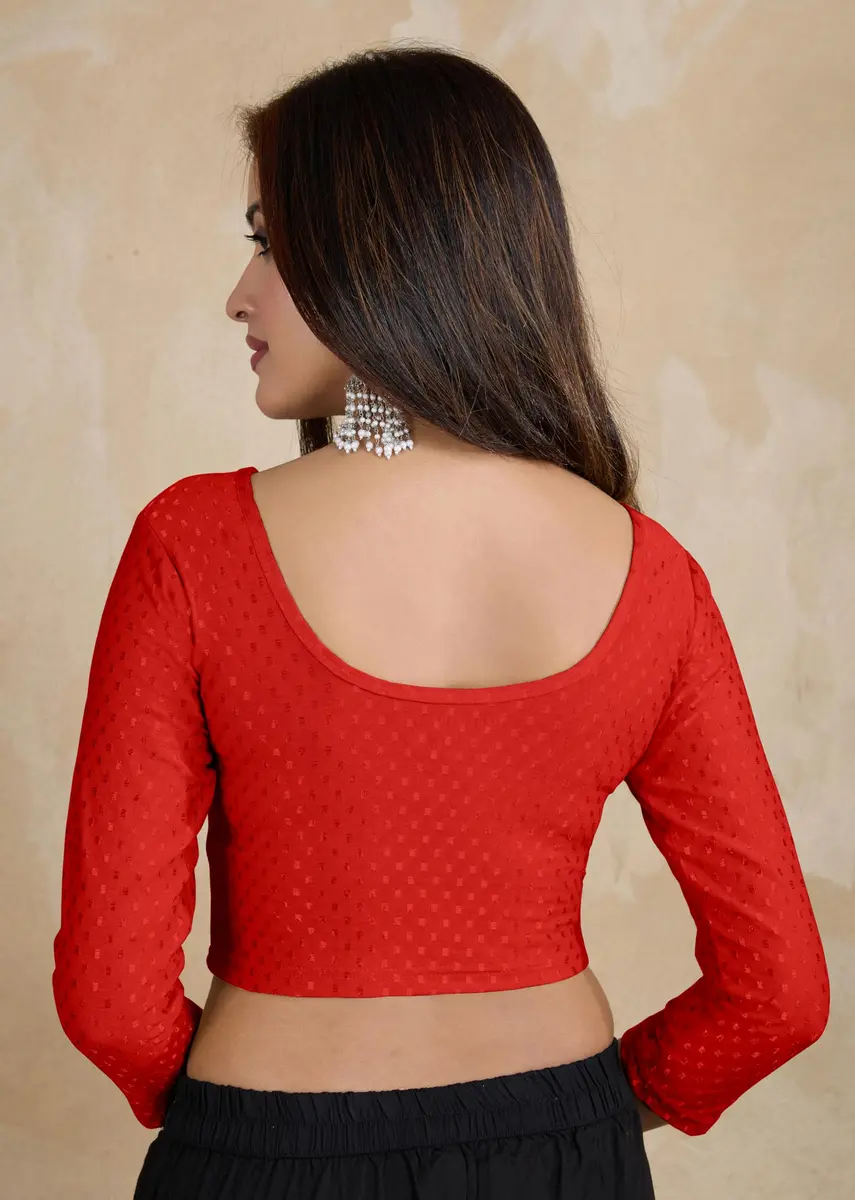 TRENDMALLS Dobby Cotton Stretchable Saree Blouse Red Medium | Breathable Fabric for Indian Climate - view 2