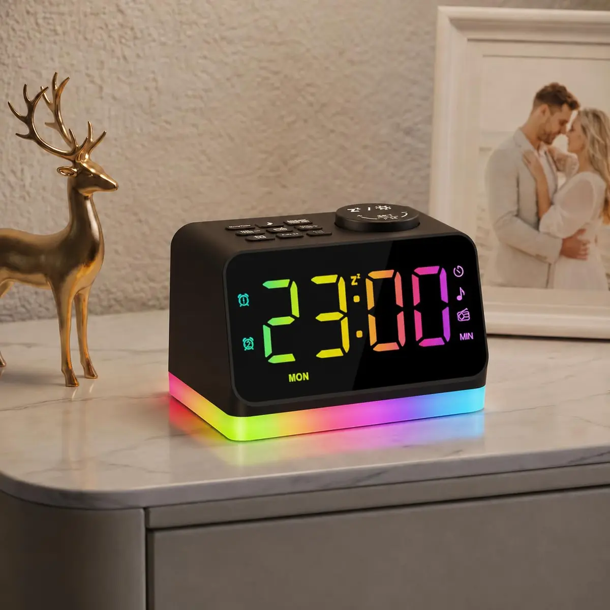 JALL Digital Alarm Clock with FM Radio, 8-Color Night Light, Timer, Dual Alarm, USB Charging, Large Display, for Bedroom (Black with RGB Font) - main product image