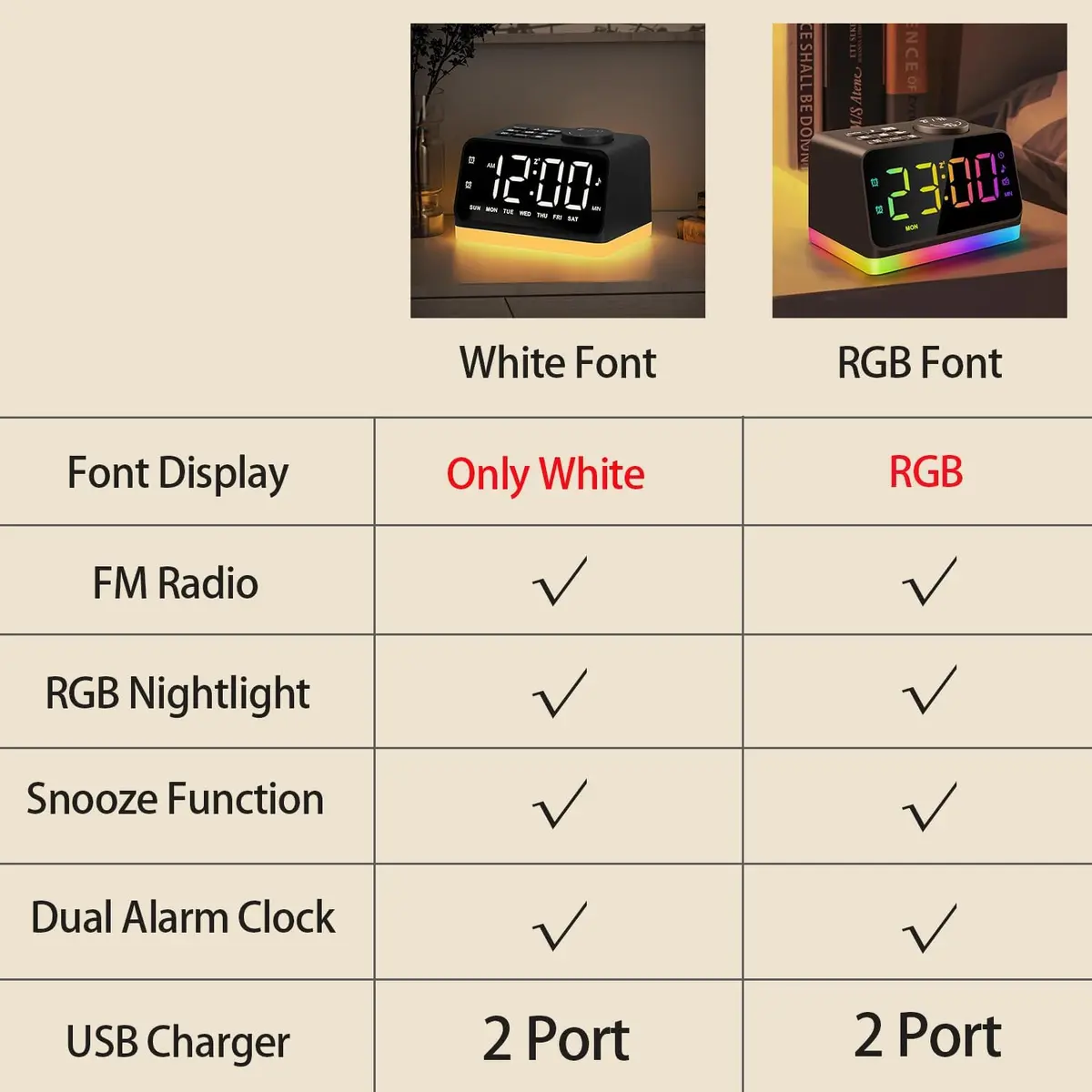 JALL Digital Alarm Clock with FM Radio, 8-Color Night Light, Timer, Dual Alarm, USB Charging, Large Display, for Bedroom (Black with RGB Font) - view 5