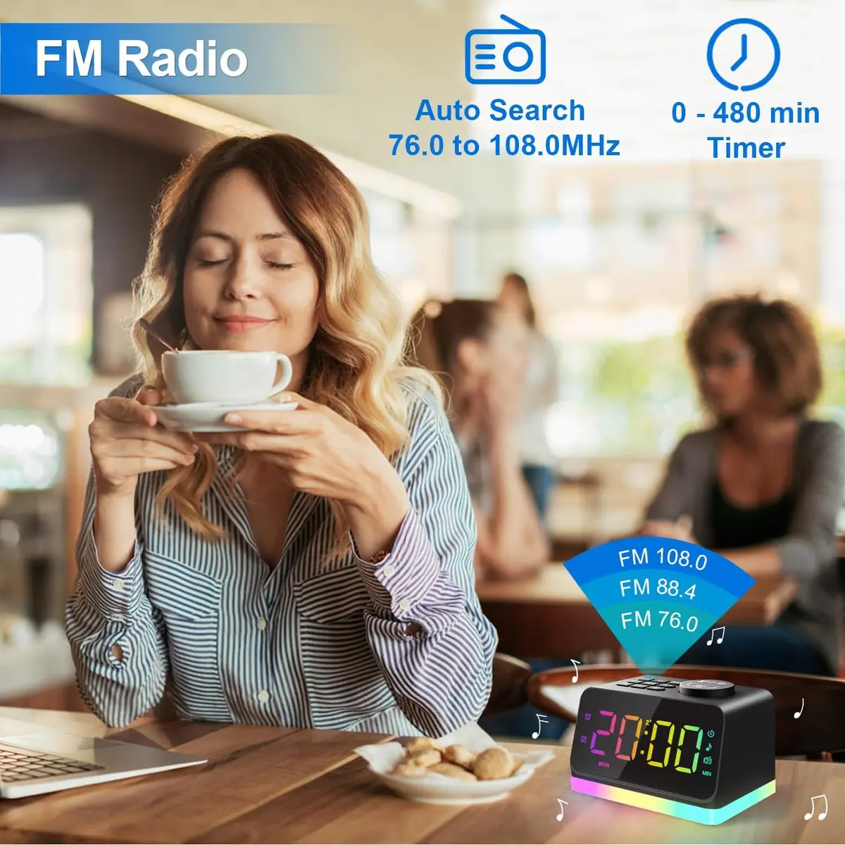 JALL Digital Alarm Clock with FM Radio, 8-Color Night Light, Timer, Dual Alarm, USB Charging, Large Display, for Bedroom (Black with RGB Font) - view 6