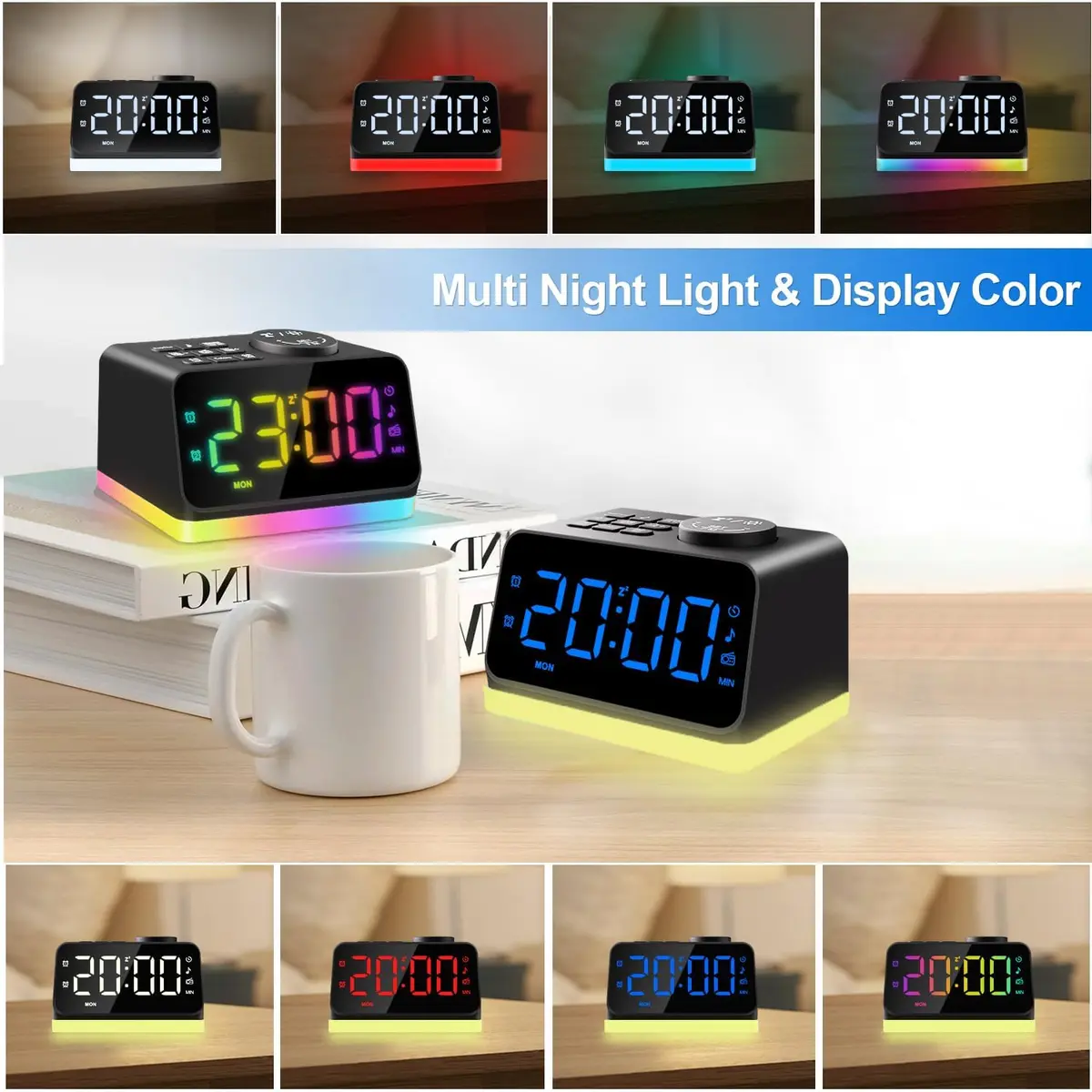 JALL Digital Alarm Clock with FM Radio, 8-Color Night Light, Timer, Dual Alarm, USB Charging, Large Display, for Bedroom (Black with RGB Font) - view 7