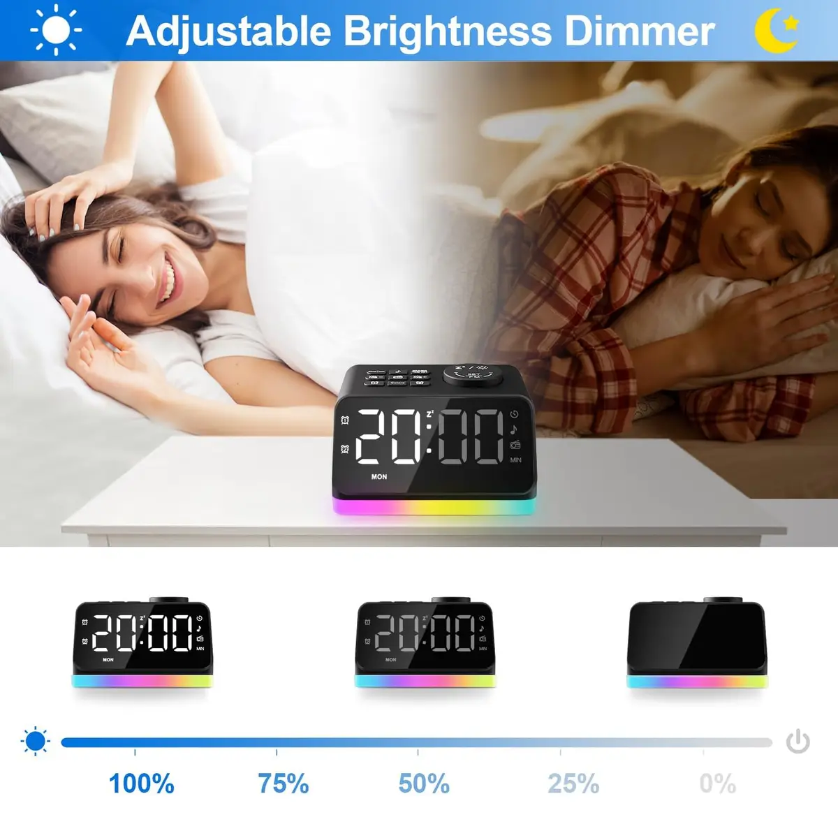 JALL Digital Alarm Clock with FM Radio, 8-Color Night Light, Timer, Dual Alarm, USB Charging, Large Display, for Bedroom (Black with RGB Font) - view 2
