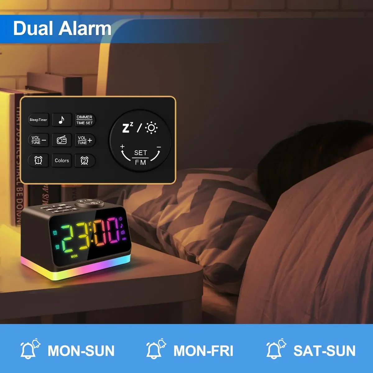 JALL Digital Alarm Clock with FM Radio, 8-Color Night Light, Timer, Dual Alarm, USB Charging, Large Display, for Bedroom (Black with RGB Font) - view 4