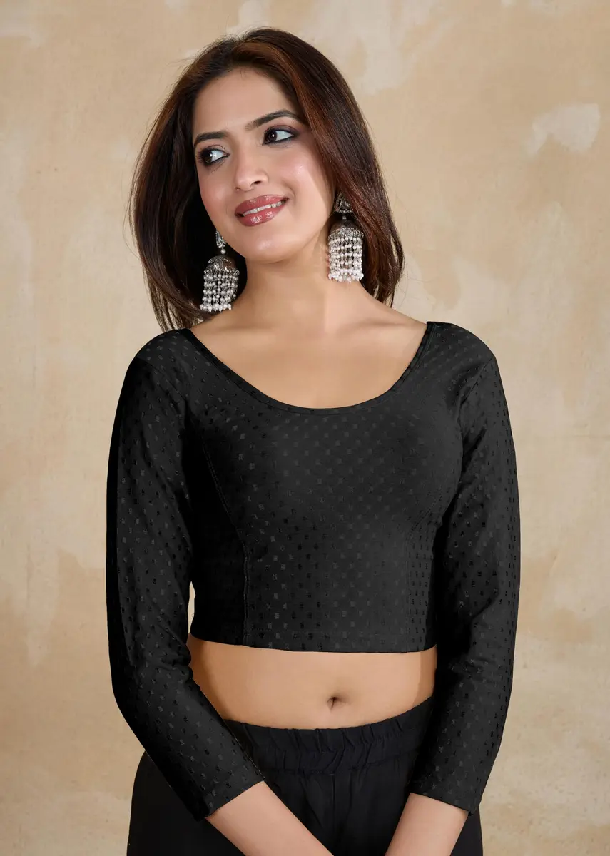 TRENDMALLS Women's Dobby Cotton Stretchable Saree Blouse Black XL | Ready to Wear Back Open 3/4 Sleeve - view 7