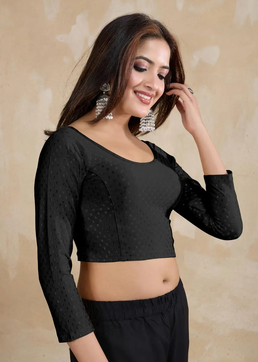 TRENDMALLS Women's Dobby Cotton Stretchable Saree Blouse Black XL | Ready to Wear Back Open 3/4 Sleeve - view 3