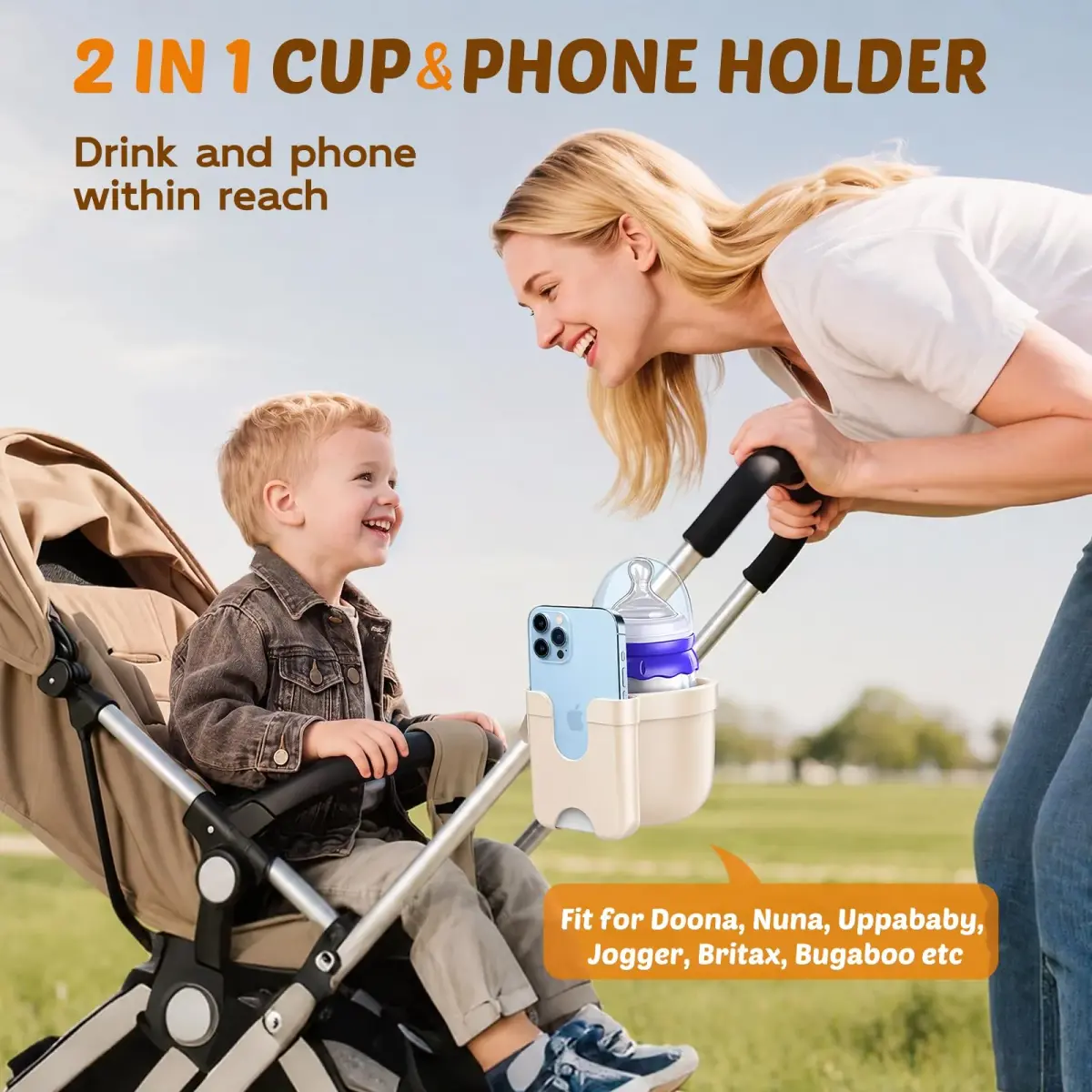 Guiseapue Universal Cup Holder with Phone Mount | Fits Strollers, Walkers, Bikes, Carts (Beige) - view 6