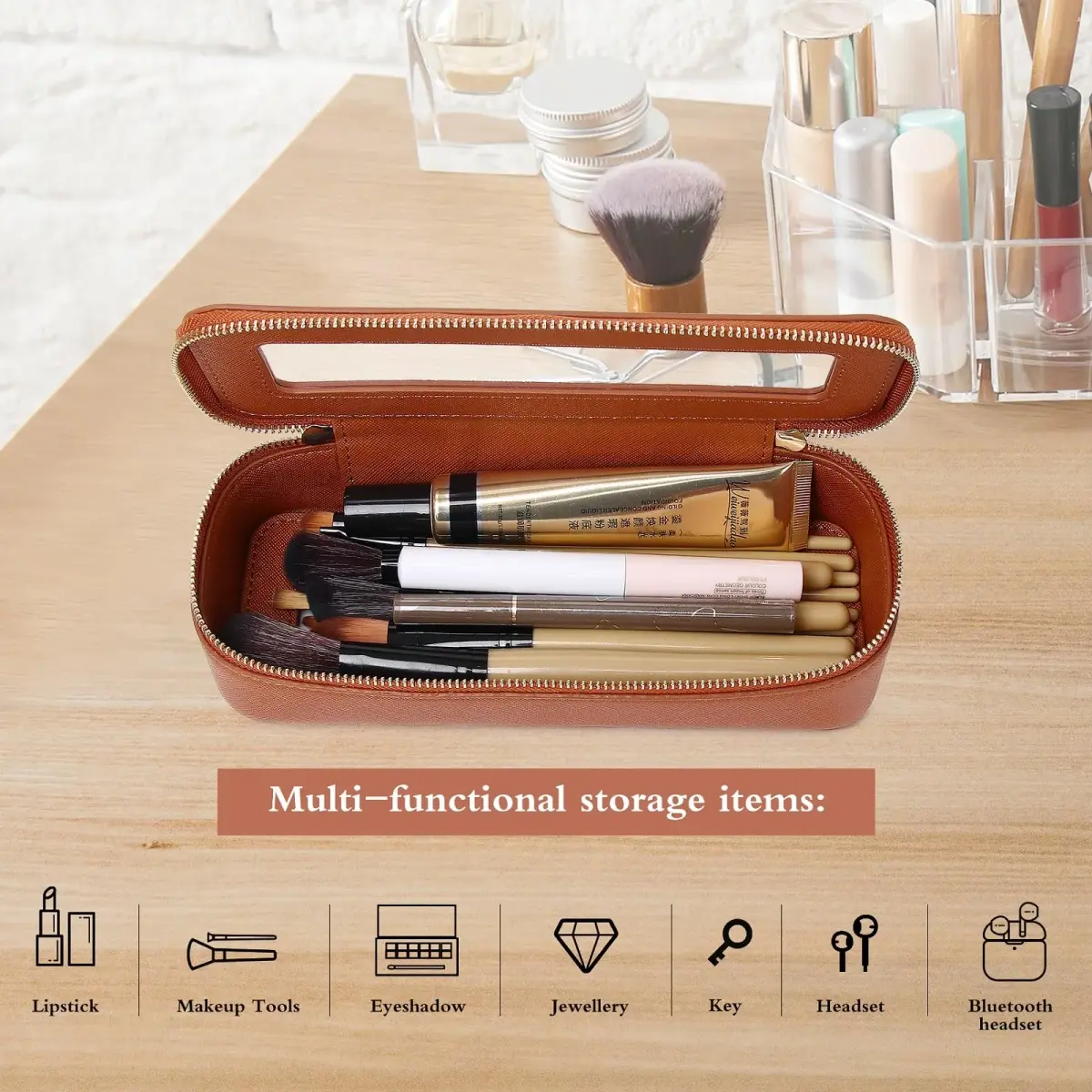 Pinkmik B/Brown Slim Makeup Brush Case - TSA Approved Travel Cosmetic Organizer - view 4