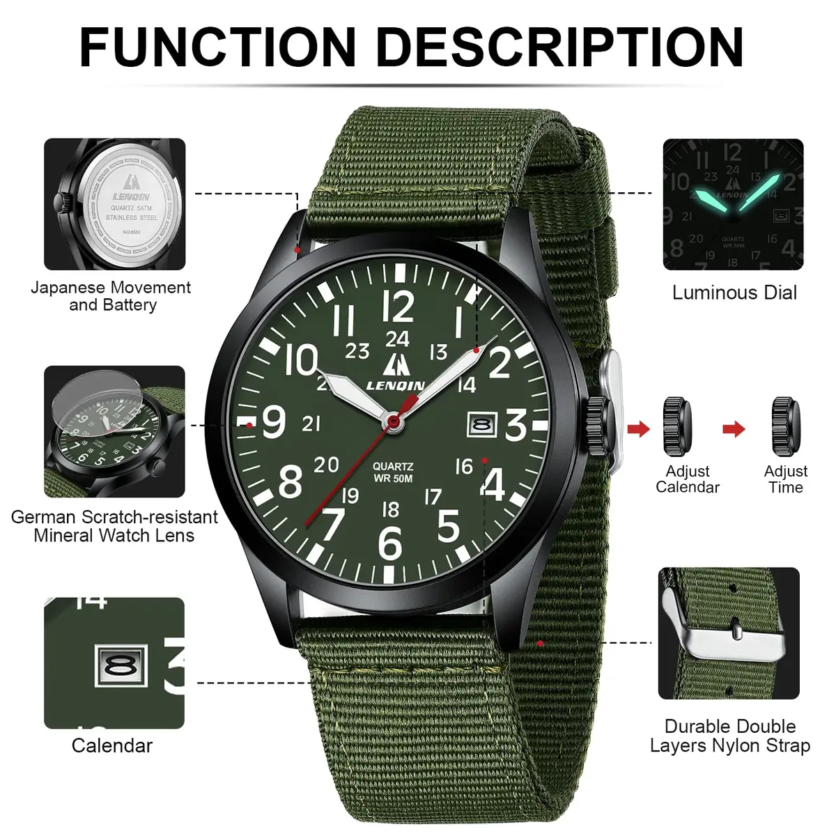LN LENQIN Mens Military Sport Analog Quartz Watch 42mm Waterproof 3ATM | Stylish Tactical Timepiece for Men - view 7