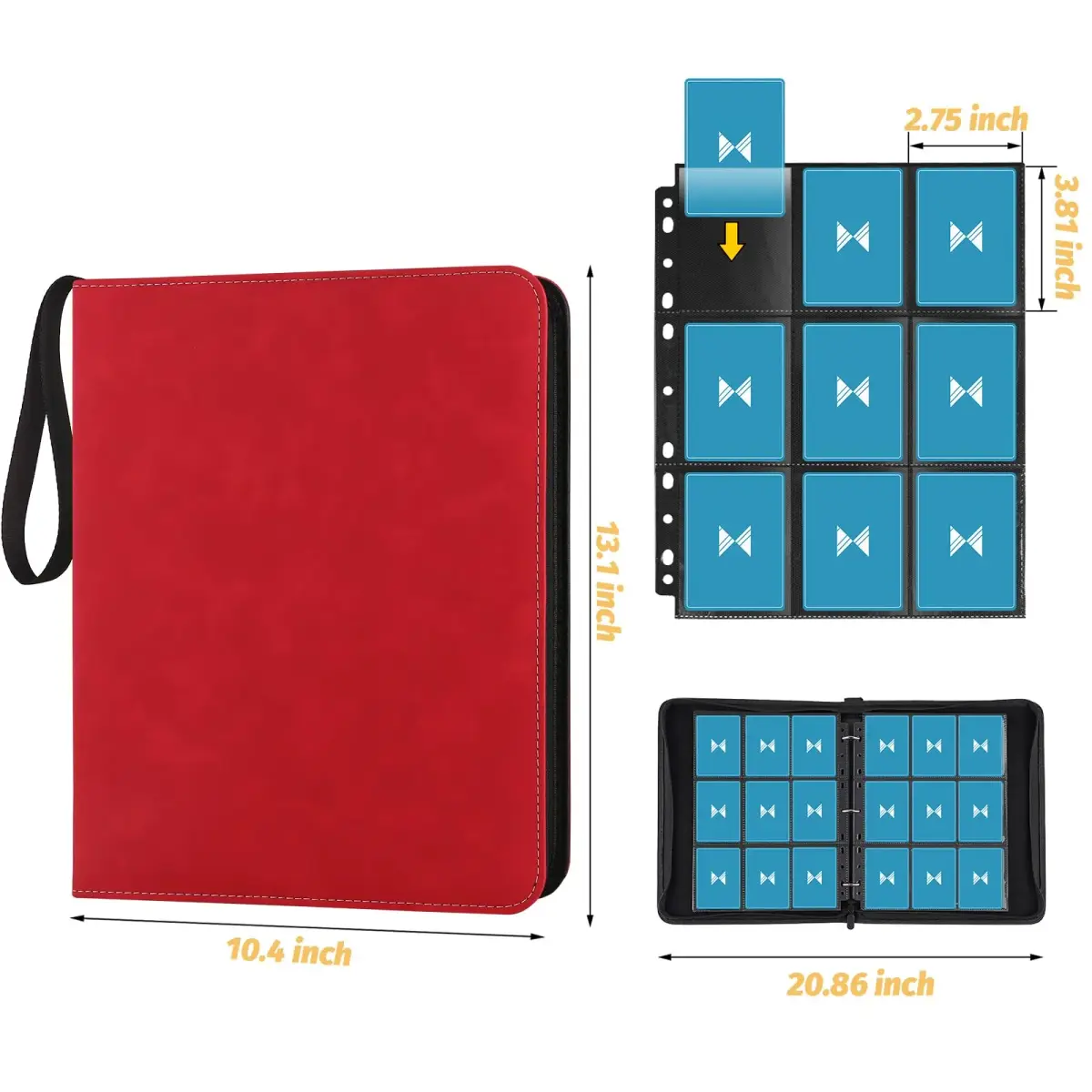 GERMUN 3 Ring 9 Pocket Zipper Card Binder with Wrist Strap, 720 Double Sided Standard Card Album Folder (Marble Texture Red, 40 Pages) - view 2