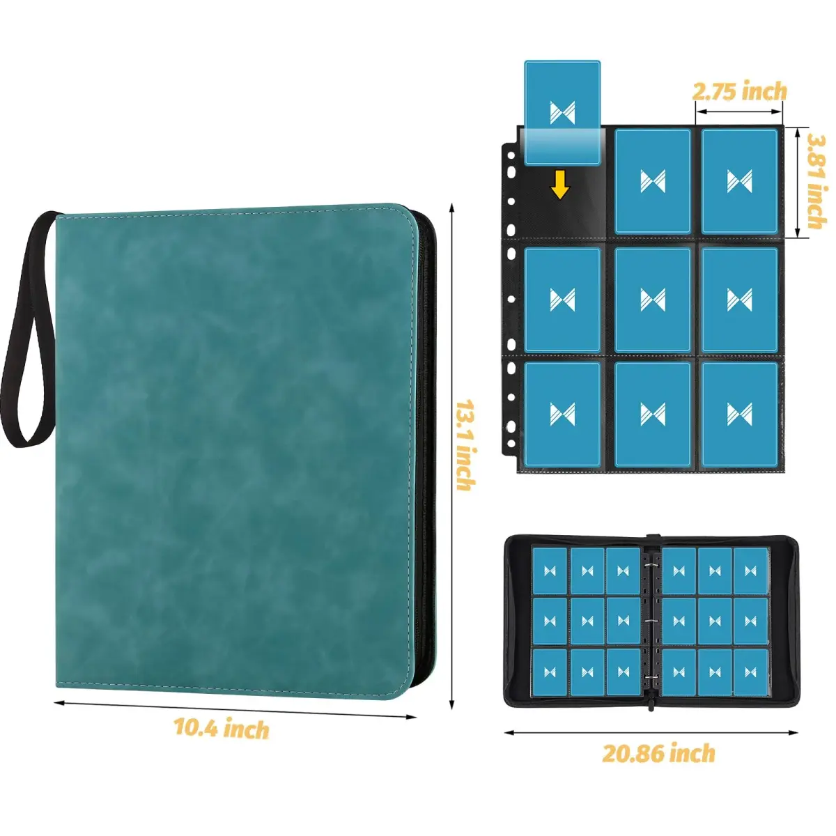 GERMUN 3 Ring 9 Pocket Zipper Card Binder, 720 Double Sided Standard PU Trading Card Album Folder for TCG & Sports Cards (Lake Blue) - view 2